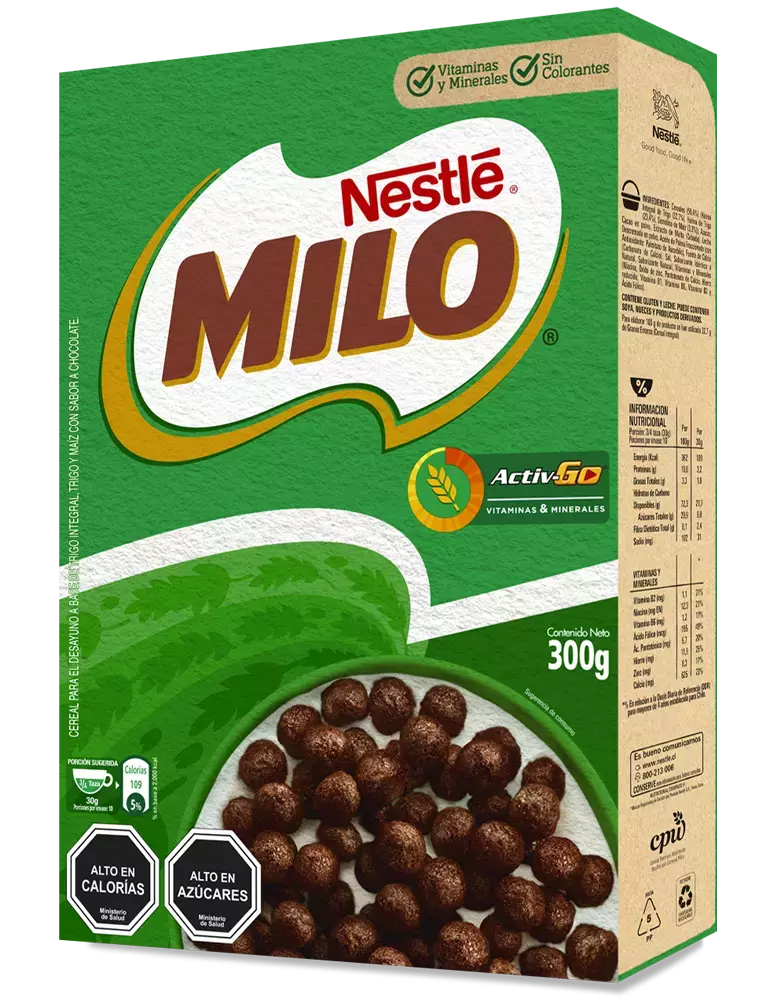 Exquisito cereal de bolitas de chocolate, con el rico sabor característico de MILO.