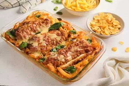 Corn Flakes Crusted Chicken Parmigiana and Tomato Cream Pasta