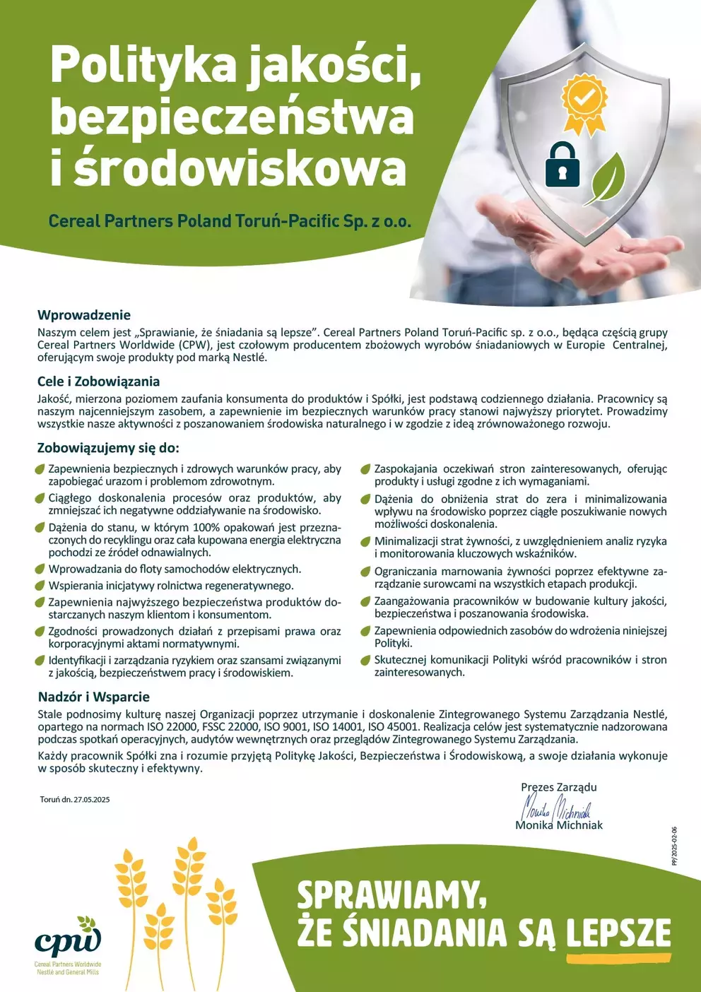 POLITYKA JAKOŚCI, BEZPIECZEŃSTWA I ŚRODOWISKOWA