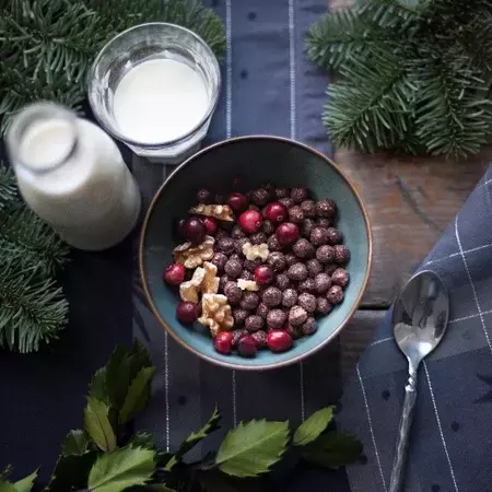 Bowl of Nesquik cereal with fruit toppings at Christmas