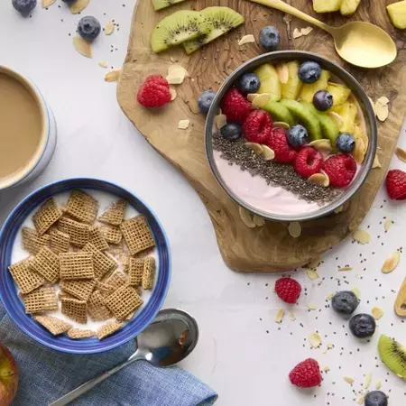Shreddies with bowl of pre-prepared toppings
