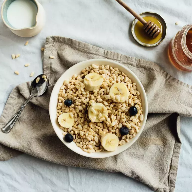 A bowl of Go Free Rice Pops