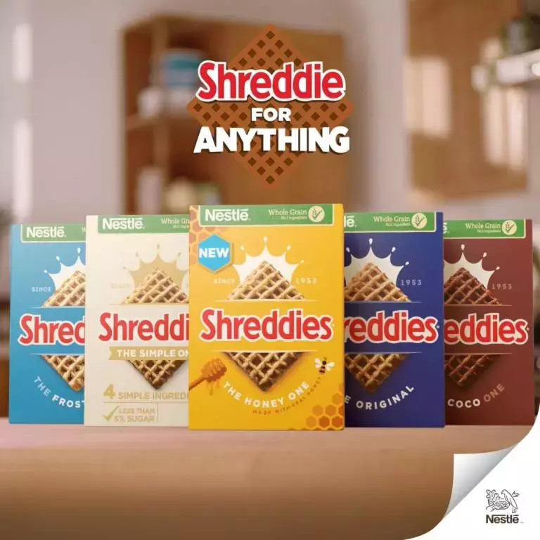 Shreddies End Frame with all the products in a line. Shreddie For Anything