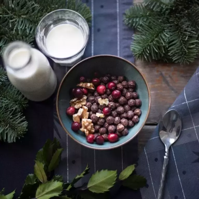 Bowl of Nesquik cereal with fruit toppings at Christmas