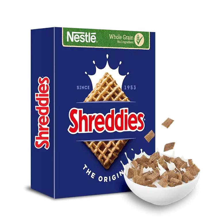 A pack of Shreddies Original cereal with a bowl of Shreddies and milk in front