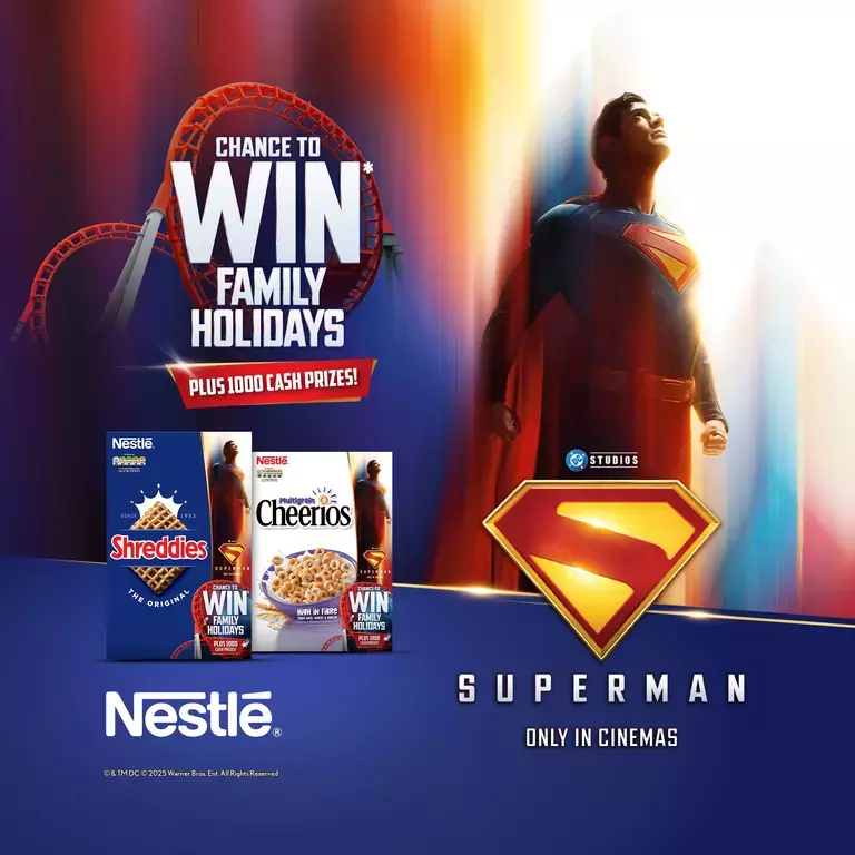 Superman flying into the sky with a title saying: Chance to win family holidays above a box of Shreddies and Cheerios cereal