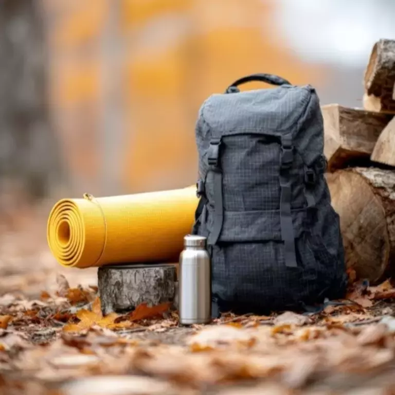 Backpack and flask in woods
